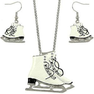 Ice Skating Shoes Necklace & Earrings Set  Enamel with Sparkling Crystals  ~ NEW
